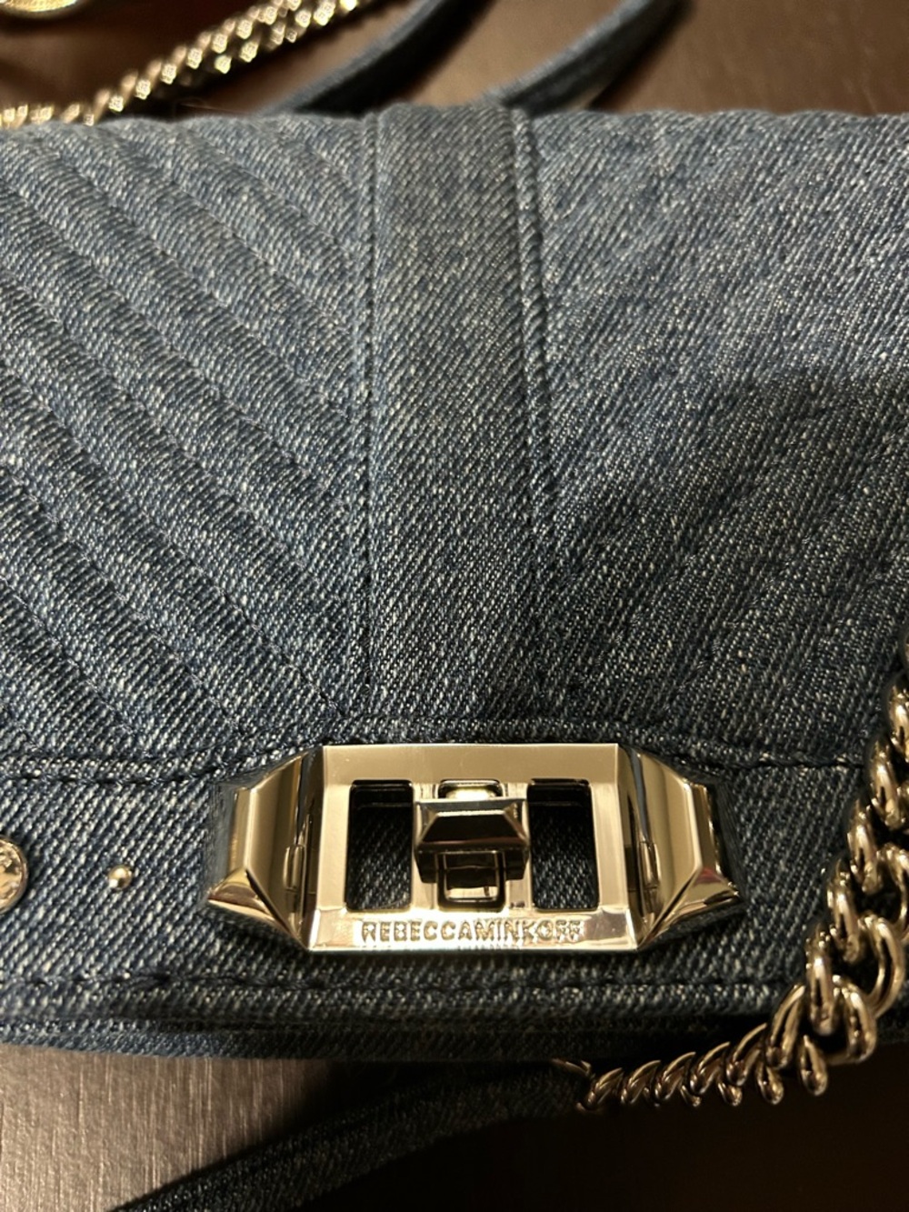Rebecca Minkoff Edie Studded Pearl Denim Crossbody Bling Chain Bag RARE Like New - Picture 7 of 10